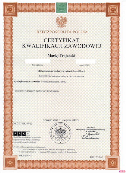 certyfikat kwalifikacji zawodowej technika masażysty