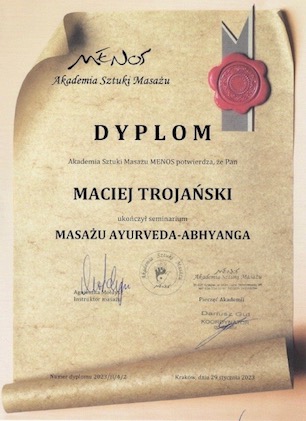 dyplom ukończenia kursu masażu Ayurveda-Abhyanga