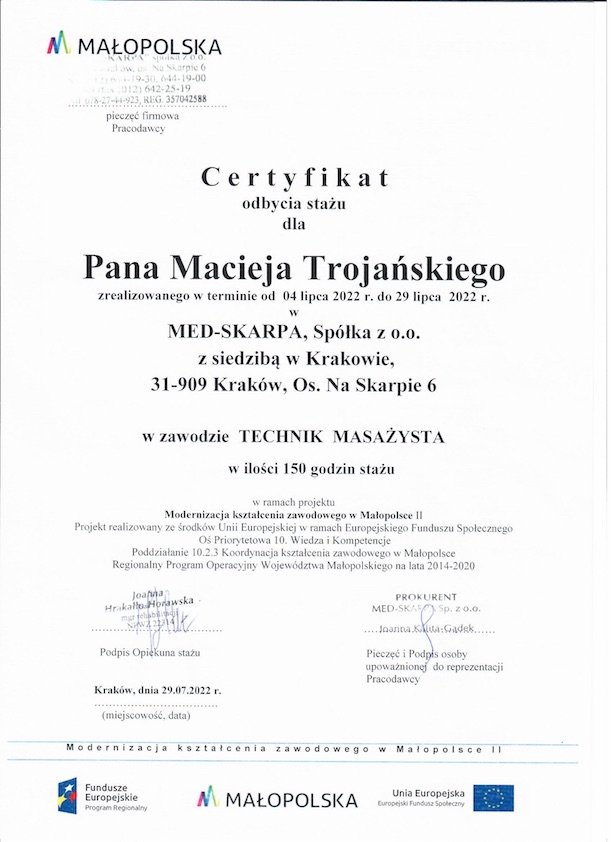 certyfikat stażu zawodowego masażysty